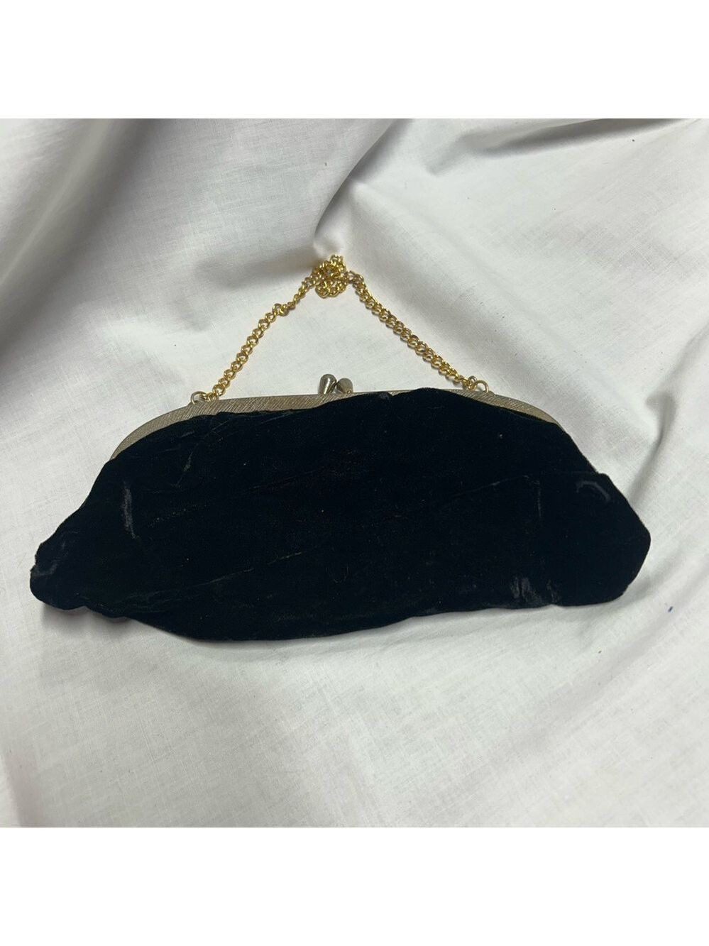 Vintage Black Velvet Purse Gold Color Strap 1960s Evening Bag - Picture 2 of 10